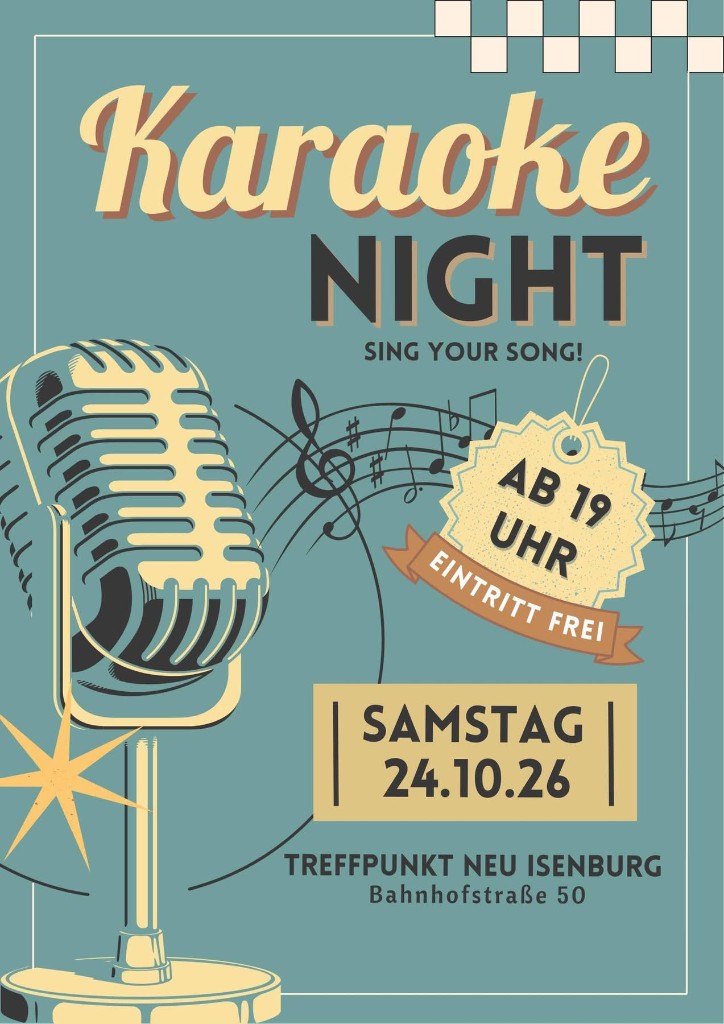 Flyer: Karaoke Night am 24. Oktober 2026 ab 19:00 Uhr im Treffpunkt Neu-Isenburg, Eintritt frei